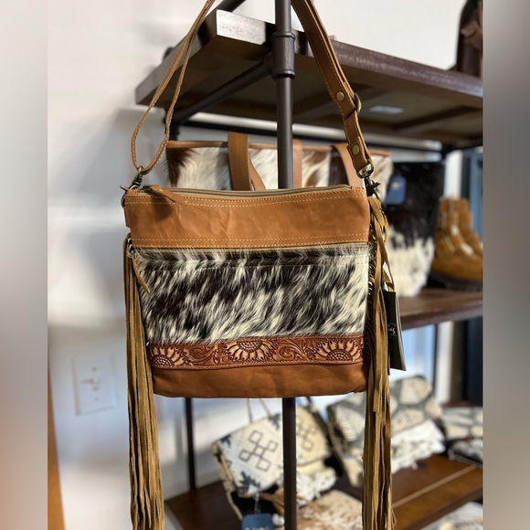 NEW Myra Bag Hand-Tooled Leather Cowhide Fringe crossbody festival flower Gift 💡 - Picture 3 of 9